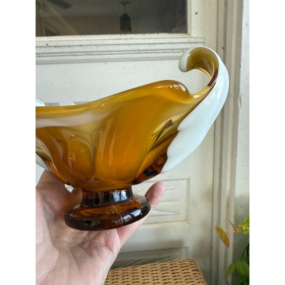 Vintage MCM Midcentury Art Glass Dish/Bowl Amber and Milk Glass - Picture 4 of 13